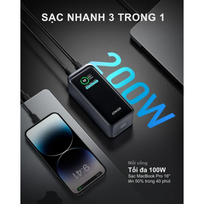 Anker A1336 - Pin sạc dự phòng Anker Prime 735 PowerCore 200W, 20.000mAh, màn hình LED - Pin sạc dự phòng Anker A1336 – Anker Prime 735 PowerCore 200W sở hữu dung lượng 20.000mAh, tích hợp màn hình LED thông minh hiển thị thông tin thời gian thực. Với tổng công suất 200W, sản phẩm hỗ trợ sạc nhanh qua 2 cổng USB-C (100W mỗi cổng) và 1 cổng USB-A (65W), đáp ứng nhu cầu sạc đồng thời nhiều thiết bị. Thiết kế nhỏ gọn, bền bỉ cùng công nghệ sạc an toàn, đây là lựa chọn lý tưởng cho người dùng hiện đại.