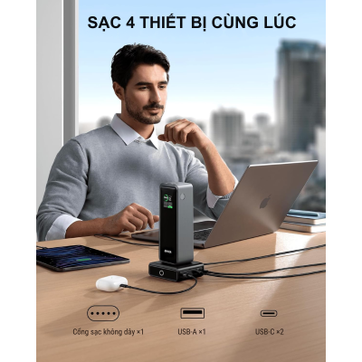 Anker A1902 - Đế sạc Anker Pogo sạc nhanh 100W, 4 cổng, tương thích Anker Prime Power Bank - <div class="css-146c3p1 r-bcqeeo r-1ttztb7 r-qvutc0 r-37j5jr r-a023e6 r-16dba41 r-1adg3ll r-1b5gpbm r-a8ghvy" dir="ltr"><span class="css-1jxf684 r-bcqeeo r-1ttztb7 r-qvutc0 r-poiln3">Anker A1902 – Đế sạc Anker Pogo sạc nhanh 100W, 4 cổng, mang đến trải nghiệm sạc không dây tiện lợi cho Anker Prime Power Bank. Với công nghệ GaN hiện đại, thiết kế nhỏ gọn cùng 3 cổng USB và 1 Pogo Pin, sản phẩm hỗ trợ sạc nhanh đa thiết bị hiệu quả. Đèn LED thông minh giúp dễ dàng theo dõi trạng thái sạc.</span></div>