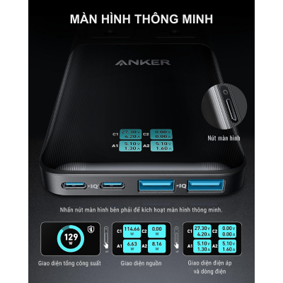 Anker A9128 - Ổ cắm điện sạc nhanh Anker Prime 140W 6-in-1 USB C Charging Station tích smart display - <div class="css-146c3p1 r-bcqeeo r-1ttztb7 r-qvutc0 r-37j5jr r-a023e6 r-16dba41 r-1adg3ll r-1b5gpbm r-a8ghvy" dir="ltr"><span class="css-1jxf684 r-bcqeeo r-1ttztb7 r-qvutc0 r-poiln3">Ổ cắm điện sạc nhanh Anker Prime 140W 6-in-1 USB C Charging Station (A9128) tích hợp 2 ổ AC, 2 cổng USB-C, 2 cổng USB-A, công suất tối đa 140W. Màn hình thông minh hiển thị trạng thái sạc, công nghệ GaNPrime sạc nhanh, dây nguồn 1.5m tháo rời. Gọn nhẹ, an toàn, lý tưởng cho công việc và du lịch.</span></div>