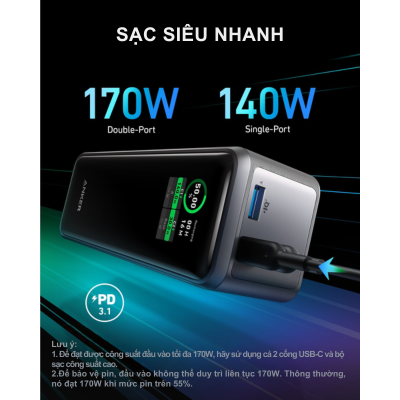 Anker A1340 - Pin Dự Phòng Anker Prime 27650mah 250W, điều khiển qua app, PD 140W, dành cho laptop, điện thoại - <div class="css-146c3p1 r-bcqeeo r-1ttztb7 r-qvutc0 r-37j5jr r-a023e6 r-16dba41 r-1adg3ll r-1b5gpbm r-a8ghvy" dir="ltr"><span class="css-1jxf684 r-bcqeeo r-1ttztb7 r-qvutc0 r-poiln3">Pin sạc dự phòng Anker A1340 – Anker Prime 27650mAh 250W mang đến dung lượng lớn và công suất tối đa 250W, hỗ trợ sạc nhanh PD 140W cho laptop và điện thoại. Điểm nổi bật là khả năng điều khiển qua ứng dụng Anker, cùng thiết kế nhỏ gọn như lon nước ngọt (666.7g). Sản phẩm tích hợp 2 cổng USB-C và 1 USB-A, lý tưởng cho người dùng đa nhiệm.</span></div>