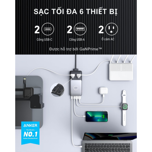 Anker A9126 - Trạm sạc nhanh để bàn Anker 727 GaNPrime 100W, 2 Type C, 2 USB A, 2 AC, LED báo hiệu kèm dây dài 1.5m - Hình ảnh 2