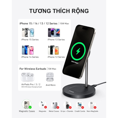 Đế sạc không dây Anker MagGo Qi2 A2544 2 trong 1, công suất 15w - <div class="css-146c3p1 r-bcqeeo r-1ttztb7 r-qvutc0 r-37j5jr r-a023e6 r-16dba41 r-1adg3ll r-1b5gpbm r-a8ghvy" dir="ltr"><span class="css-1jxf684 r-bcqeeo r-1ttztb7 r-qvutc0 r-poiln3">Đế sạc không dây Anker MagGo Qi2 A2544 2 trong 1 mang đến trải nghiệm sạc nhanh 15W tiện lợi cho iPhone và AirPods. Với công nghệ Qi2 và tương thích MagSafe, sản phẩm đảm bảo sạc an toàn, hiệu quả. Thiết kế xoay linh hoạt 360° ngang và 45° dọc cùng đèn LED kép giúp dễ dàng theo dõi trạng thái sạc.</span></div>