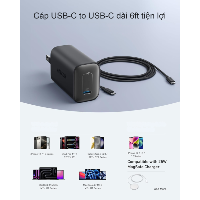 Bộ sạc 100W kèm cáp Anker B2679 sạc nhanh điện thoại, laptop - Bộ sạc nhanh Anker B2679 100W kèm cáp USB-C mang đến công suất sạc mạnh mẽ, sạc nhanh điện thoại và laptop như MacBook Pro 14" lên 50% trong 27 phút. Thiết kế siêu nhỏ gọn, chân gập tiện lợi, tích hợp ActiveShield™ 2.0 đảm bảo an toàn. Cáp USB-C dài đi kèm hỗ trợ truyền tải năng lượng tối ưu.