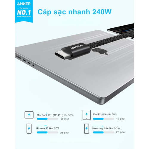 Cáp Dù Anker Zolo C To C 240w A8060 dài 1m Chống Bám Bẩn - Hình ảnh 4