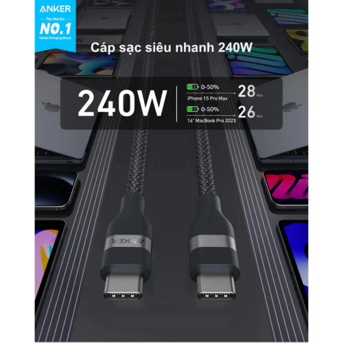 Cáp sạc nhanh Anker 240W Type C to C A82E3 bện dù chắc chắn, mẫu 2024, nhiều màu sắc - Hình ảnh 4