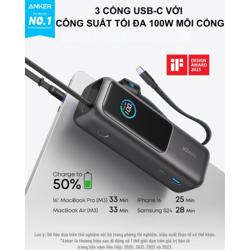 Pin dự phòng Anker Zolo Power Bank 25000mAh A1695 công suất 165W có cáp USB-C tích hợp có thể thu gọn - Hình ảnh 6