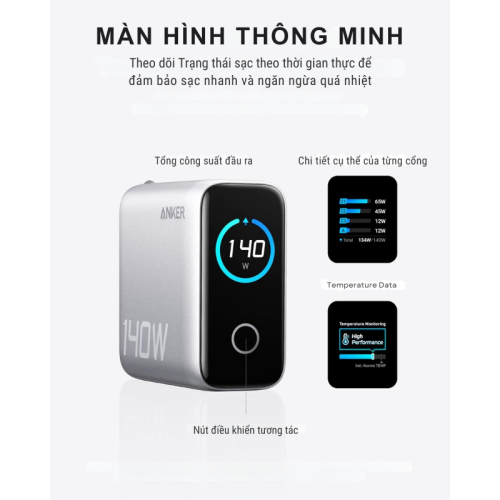 Bộ sạc Anker Zolo 140W GaN B2697 kèm cáp C to C, màn hình LED, 3 cổng Type C, sạc nhanh PD, PPS 2.0 - Hình ảnh 4