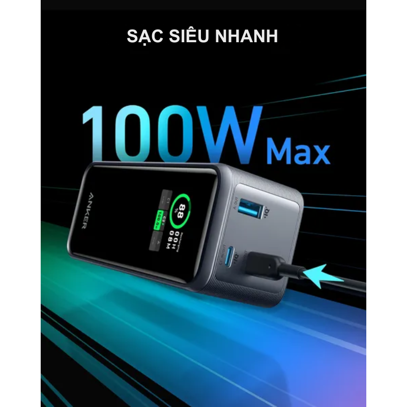 Anker A1336 - Pin sạc dự phòng Anker Prime 735 PowerCore 200W, 20.000mAh, màn hình LED - Pin sạc dự phòng Anker A1336 – Anker Prime 735 PowerCore 200W sở hữu dung lượng 20.000mAh, tích hợp màn hình LED thông minh hiển thị thông tin thời gian thực. Với tổng công suất 200W, sản phẩm hỗ trợ sạc nhanh qua 2 cổng USB-C (100W mỗi cổng) và 1 cổng USB-A (65W), đáp ứng nhu cầu sạc đồng thời nhiều thiết bị. Thiết kế nhỏ gọn, bền bỉ cùng công nghệ sạc an toàn, đây là lựa chọn lý tưởng cho người dùng hiện đại.