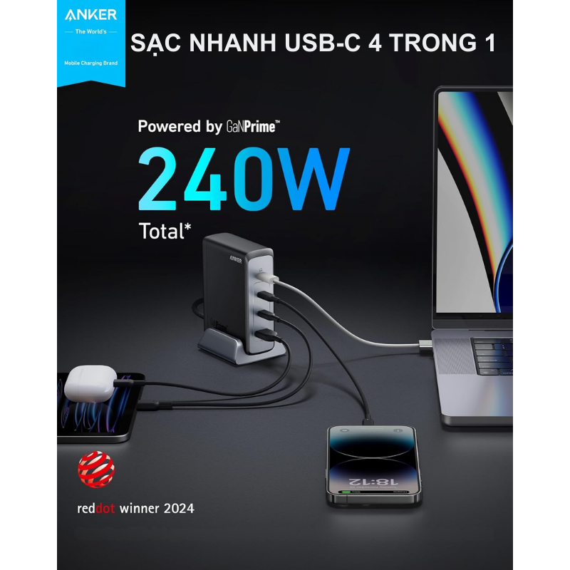 Anker A2342 - Sạc bàn Anker Prime 240W 749, sạc laptop, macbook, ipad, iP, điện thoại android - <div class="css-146c3p1 r-bcqeeo r-1ttztb7 r-qvutc0 r-37j5jr r-a023e6 r-16dba41 r-1adg3ll r-1b5gpbm r-a8ghvy" dir="ltr"><span class="css-1jxf684 r-bcqeeo r-1ttztb7 r-qvutc0 r-poiln3">Anker A2342 – Sạc bàn Anker Prime 240W 749 với 4 cổng (3 USB-C, 1 USB-A), sạc nhanh cho laptop, MacBook, iPad, iPhone, điện thoại Android. Công suất tối đa 240W, hỗ trợ công nghệ GaNPrime, sạc đồng thời 4 thiết bị. Tích hợp ActiveShield 2.0 đảm bảo an toàn, thiết kế nhỏ gọn, tiện lợi.</span></div>