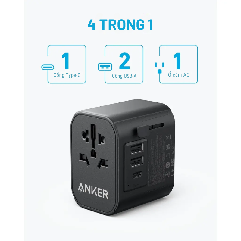 Anker A9212 - Ổ cắm du lịch Anker 30W sạc nhanh PD, AC 2500W - <div class="css-146c3p1 r-bcqeeo r-1ttztb7 r-qvutc0 r-37j5jr r-a023e6 r-16dba41 r-1adg3ll r-1b5gpbm r-a8ghvy" dir="ltr"><span class="css-1jxf684 r-bcqeeo r-1ttztb7 r-qvutc0 r-poiln3">Ổ cắm du lịch Anker A9212 tích hợp sạc nhanh 30W Power Delivery qua USB-C và ổ AC 2500W, hỗ trợ sạc tối đa 4 thiết bị cùng lúc với 1 AC, 2 USB-A và 1 USB-C. Thiết kế nhỏ gọn, tương thích đa quốc gia (UK, EU, US), lý tưởng cho du lịch. Đảm bảo an toàn với hệ thống bảo vệ 6 điểm.</span></div>