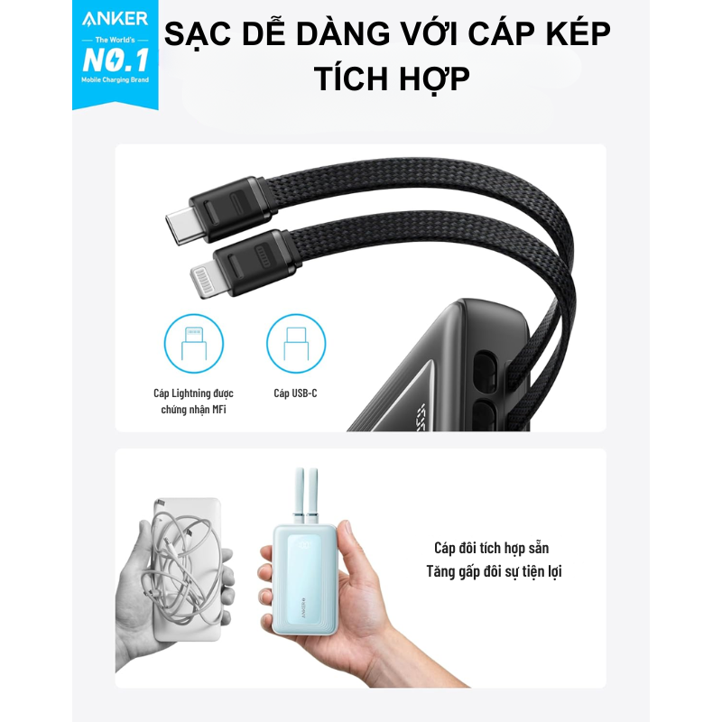 Anker A1680 - Pin dự phòng Anker Zolo 10000mah tích hợp dây cáp Type C 30W và Lightning 27W - <div class="css-146c3p1 r-bcqeeo r-1ttztb7 r-qvutc0 r-37j5jr r-a023e6 r-16dba41 r-1adg3ll r-1b5gpbm r-a8ghvy" dir="ltr"><span class="css-1jxf684 r-bcqeeo r-1ttztb7 r-qvutc0 r-poiln3">Pin dự phòng Anker A1680 Zolo 10000mAh là giải pháp sạc tiện lợi với cáp Type-C 30W và Lightning 27W tích hợp sẵn. Thiết kế nhỏ gọn, trọng lượng chỉ 217g, dễ dàng mang theo mọi lúc mọi nơi. Hỗ trợ sạc nhanh, sạc iPhone đầy 60% trong 30 phút, tiết kiệm thời gian tối đa. Được chứng nhận MFi từ Apple, đảm bảo an toàn và tương thích vượt trội.</span></div>