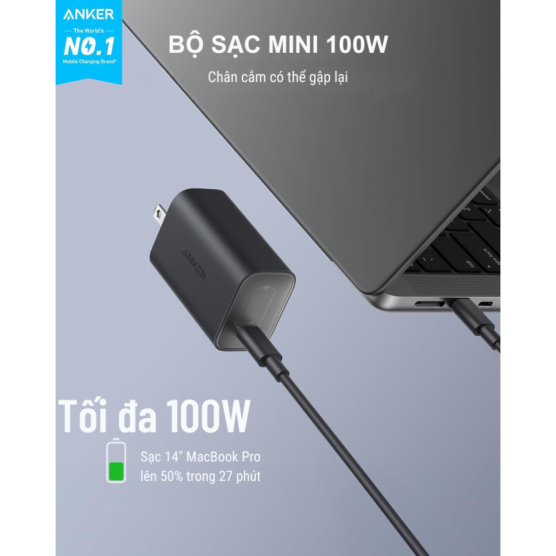 Bộ sạc 100W kèm cáp Anker B2679 sạc nhanh điện thoại, laptop - Bộ sạc nhanh Anker B2679 100W kèm cáp USB-C mang đến công suất sạc mạnh mẽ, sạc nhanh điện thoại và laptop như MacBook Pro 14" lên 50% trong 27 phút. Thiết kế siêu nhỏ gọn, chân gập tiện lợi, tích hợp ActiveShield™ 2.0 đảm bảo an toàn. Cáp USB-C dài đi kèm hỗ trợ truyền tải năng lượng tối ưu.