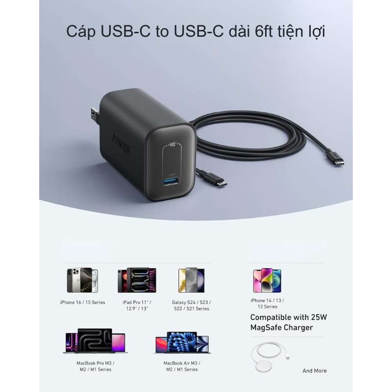 Bộ sạc 100W kèm cáp Anker B2679 sạc nhanh điện thoại, laptop - Bộ sạc nhanh Anker B2679 100W kèm cáp USB-C mang đến công suất sạc mạnh mẽ, sạc nhanh điện thoại và laptop như MacBook Pro 14" lên 50% trong 27 phút. Thiết kế siêu nhỏ gọn, chân gập tiện lợi, tích hợp ActiveShield™ 2.0 đảm bảo an toàn. Cáp USB-C dài đi kèm hỗ trợ truyền tải năng lượng tối ưu.
