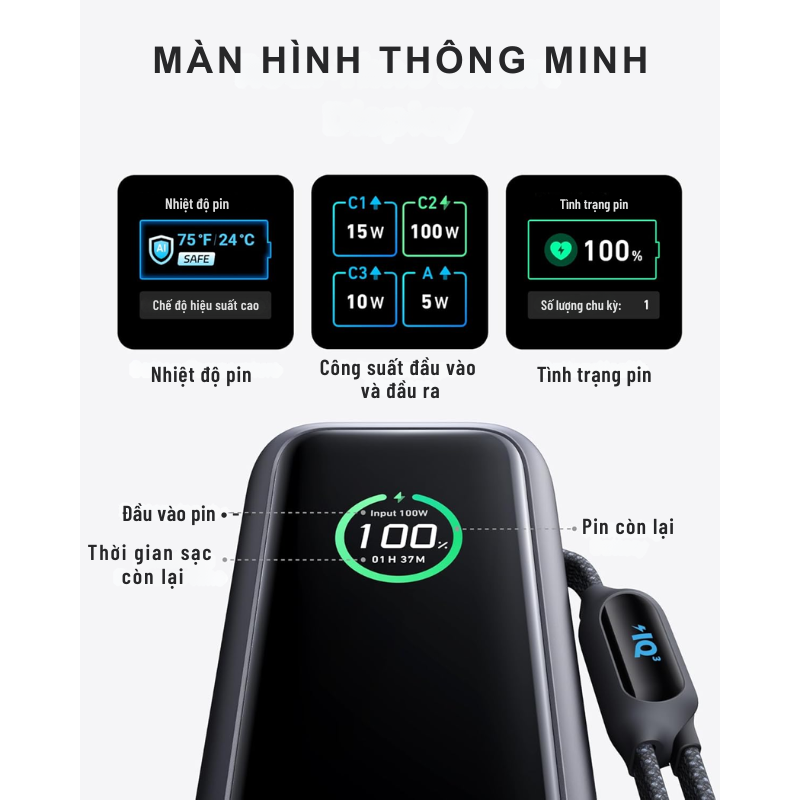 Pin dự phòng Anker Zolo Power Bank 25000mAh A1695 công suất 165W có cáp USB-C tích hợp có thể thu gọn - <div class="css-146c3p1 r-bcqeeo r-1ttztb7 r-qvutc0 r-37j5jr r-a023e6 r-16dba41 r-1adg3ll r-1b5gpbm r-a8ghvy" dir="ltr"><span class="css-1jxf684 r-bcqeeo r-1ttztb7 r-qvutc0 r-poiln3">Pin dự phòng Anker Zolo Power Bank 25000mAh A1695 mang đến công suất mạnh mẽ 165W, tích hợp cáp USB-C thu gọn tiện lợi. Với dung lượng lớn, thiết kế nhỏ gọn và khả năng sạc nhanh 100W, đây là lựa chọn lý tưởng cho người dùng đa nhiệm. Sản phẩm hỗ trợ sạc đồng thời 4 thiết bị qua cáp tích hợp, cổng USB-C và USB-A. Màn hình hiển thị thông minh giúp theo dõi trạng thái pin dễ dàng.</span></div>