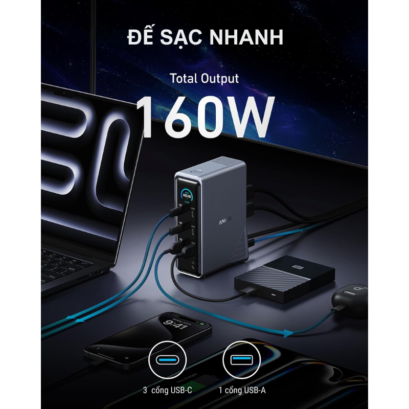 Trạm sạc Anker Prime A83B6 160W 14 in 1 - <div class="css-146c3p1 r-bcqeeo r-1ttztb7 r-qvutc0 r-37j5jr r-a023e6 r-16dba41 r-1adg3ll r-1b5gpbm r-a8ghvy" dir="ltr"><span class="css-1jxf684 r-bcqeeo r-1ttztb7 r-qvutc0 r-poiln3">Trạm sạc Anker Prime A83B6 160W 14 trong 1 tích hợp 4 cổng USB-C, 5 USB-A, 2 HDMI, Ethernet và audio, hỗ trợ sạc nhanh 100W mỗi cổng USB-C. Thiết kế nhỏ gọn với màn hình thông minh, sạc cùng lúc 4 thiết bị và hiển thị kép 4K. Công nghệ GaN và ActiveShield™ 2.0 đảm bảo hiệu suất cao, an toàn tối ưu.</span></div>