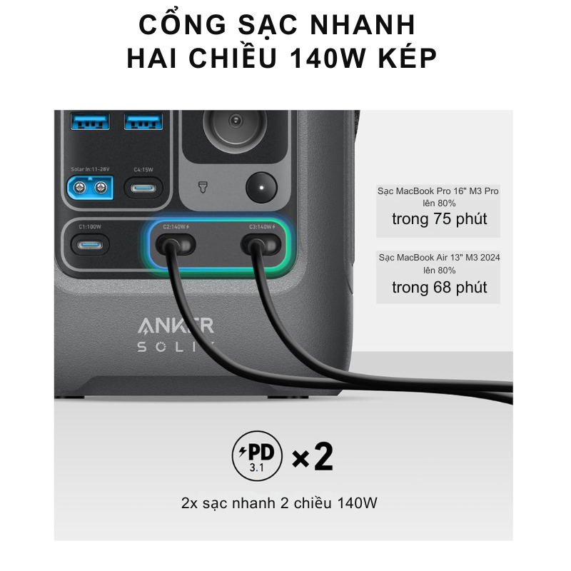 Trạm sạc di động Anker SOLIX C300 DC - 90,000mAh 288Wh | 300W, hỗ trợ PD 3.1, kết nối Bluetooth hoặc Wifi, Mẫu 2024 Trạm sạc di động Anker SOLIX C300 DC - 90,000mAh 288Wh | 300W, hỗ trợ PD 3.1, kết nối Bluetooth hoặc Wifi, Mẫu 2024 - <div class="css-146c3p1 r-bcqeeo r-1ttztb7 r-qvutc0 r-37j5jr r-a023e6 r-16dba41 r-1adg3ll r-1b5gpbm r-a8ghvy" dir="ltr"><span class="css-1jxf684 r-bcqeeo r-1ttztb7 r-qvutc0 r-poiln3">Trạm sạc di động Anker SOLIX C300 DC 2024 sở hữu dung lượng 90,000mAh (288Wh) và công suất 300W, hỗ trợ sạc nhanh PD 3.1 với cổng USB-C 140W hai chiều. Thiết kế nhỏ gọn, tích hợp kết nối Bluetooth/Wifi qua ứng dụng Anker, lý tưởng cho cắm trại, du lịch hay dự phòng khẩn cấp. Sạc nhanh 80% trong 1 giờ và tương thích năng lượng mặt trời 100W.</span></div>