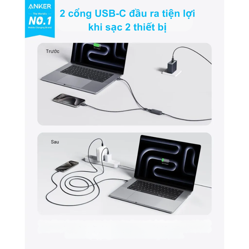 Anker A8895 - Cáp sạc nhanh Anker 2 in 1 USB C to USB C 140W - Cáp sạc nhanh Anker A8895 2 trong 1 USB-C to USB-C mang đến giải pháp sạc tiện lợi với công suất tối đa 140W. Thiết kế độc đáo kết hợp hai cáp USB-C thành một, lý tưởng để sạc đồng thời hai thiết bị. Với độ bền cao và khả năng truyền dữ liệu 480Mbps, đây là lựa chọn hoàn hảo cho du lịch hoặc công việc.