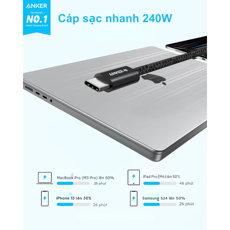 Cáp Dù Anker Zolo C To C 240w A8060 dài 1m Chống Bám Bẩn - Cáp Dù Anker Zolo C to C 240W A8060 dài 1m là lựa chọn hoàn hảo cho nhu cầu sạc nhanh và truyền dữ liệu. Với công suất sạc siêu tốc 240W, thiết kế chống bám bẩn và độ bền vượt trội, sản phẩm đáp ứng tốt cho các thiết bị công suất cao. Lớp bện nylon cao cấp kết hợp đầu nối mỏng 5,8mm mang lại trải nghiệm sử dụng tiện lợi, bền bỉ.