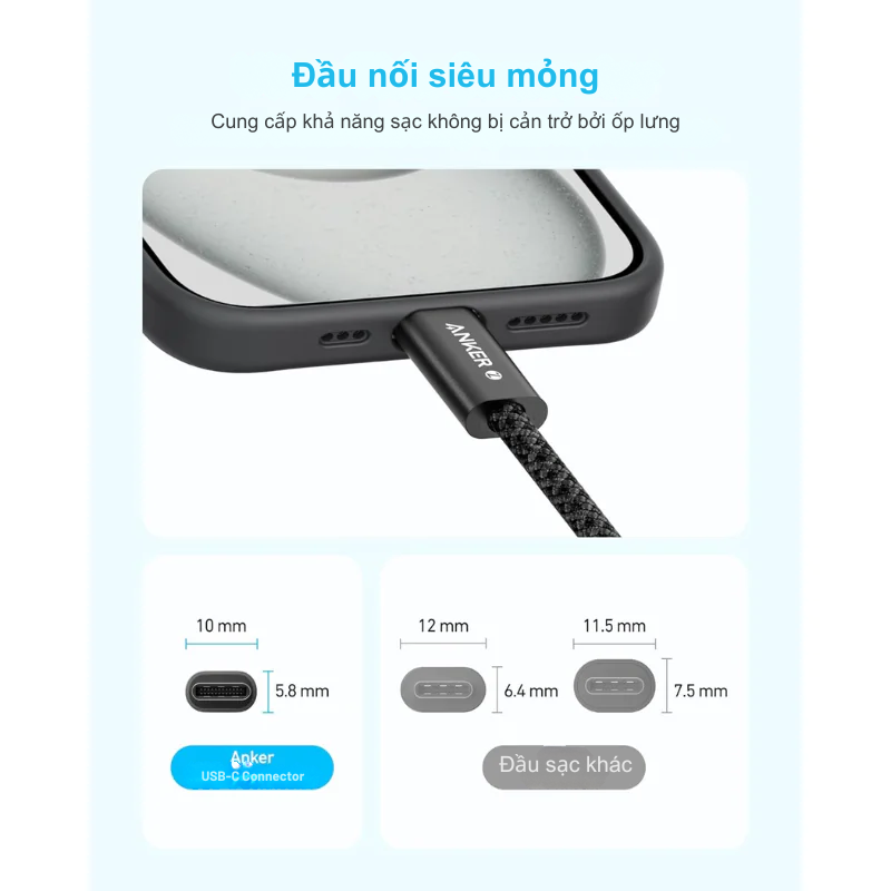 Cáp Dù Anker Zolo C To C 240w A8060 dài 1m Chống Bám Bẩn - Cáp Dù Anker Zolo C to C 240W A8060 dài 1m là lựa chọn hoàn hảo cho nhu cầu sạc nhanh và truyền dữ liệu. Với công suất sạc siêu tốc 240W, thiết kế chống bám bẩn và độ bền vượt trội, sản phẩm đáp ứng tốt cho các thiết bị công suất cao. Lớp bện nylon cao cấp kết hợp đầu nối mỏng 5,8mm mang lại trải nghiệm sử dụng tiện lợi, bền bỉ.