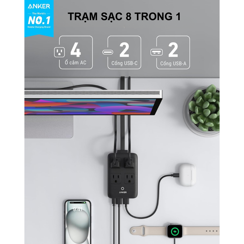 Ổ cắm Anker A91C3 4AC kèm sạc PD 20W, 8 in 1, 2 usb C, 2 usb A, 4 AC - <div class="css-146c3p1 r-bcqeeo r-1ttztb7 r-qvutc0 r-37j5jr r-a023e6 r-16dba41 r-1adg3ll r-1b5gpbm r-a8ghvy" dir="ltr"><span class="css-1jxf684 r-bcqeeo r-1ttztb7 r-qvutc0 r-poiln3">Ổ cắm Anker A91C3 8 trong 1 là giải pháp sạc đa năng với 4 ổ cắm AC, 2 cổng USB-C (PD 20W) và 2 cổng USB-A. Thiết kế nhỏ gọn, tích hợp công nghệ sạc nhanh Power Delivery, đáp ứng nhu cầu sạc nhiều thiết bị cùng lúc. Sản phẩm đảm bảo an toàn, tiện lợi cho gia đình, văn phòng hoặc khi di chuyển.</span></div>