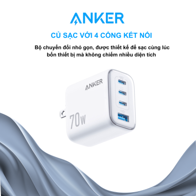 Củ sạc Anker Zolo 4-Port 70W (A121C) - Sạc Đa Năng Tối Ưu Cho 4 Thiết Bị Cùng Lúc - Nâng cấp trải nghiệm sạc của bạn với <strong>Củ sạc Anker Zolo 4-Port 70W (A121C)</strong>. Bộ sạc tường mạnh mẽ này cung cấp tổng công suất 70W, cho phép bạn sạc nhanh cùng lúc 4 thiết bị, từ điện thoại, máy tính bảng đến các thiết bị điện tử khác. Tích hợp công nghệ PowerIQ và VoltageBoost độc quyền của Anker, <strong>Anker Zolo 4-Port 70W (A121C)</strong> đảm bảo hiệu suất sạc tối ưu và an toàn tuyệt đối. Thiết kế nhỏ gọn, bền bỉ và khả năng tương thích rộng rãi biến <strong>Củ sạc Anker Zolo 4-Port 70W (A121C)</strong> thành lựa chọn hoàn hảo cho mọi gia đình, văn phòng hay những chuyến đi, giúp bạn luôn kết nối và sẵn sàng.