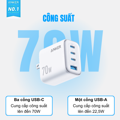 Củ sạc Anker Zolo 4-Port 70W (A121C) - Sạc Đa Năng Tối Ưu Cho 4 Thiết Bị Cùng Lúc - Nâng cấp trải nghiệm sạc của bạn với <strong>Củ sạc Anker Zolo 4-Port 70W (A121C)</strong>. Bộ sạc tường mạnh mẽ này cung cấp tổng công suất 70W, cho phép bạn sạc nhanh cùng lúc 4 thiết bị, từ điện thoại, máy tính bảng đến các thiết bị điện tử khác. Tích hợp công nghệ PowerIQ và VoltageBoost độc quyền của Anker, <strong>Anker Zolo 4-Port 70W (A121C)</strong> đảm bảo hiệu suất sạc tối ưu và an toàn tuyệt đối. Thiết kế nhỏ gọn, bền bỉ và khả năng tương thích rộng rãi biến <strong>Củ sạc Anker Zolo 4-Port 70W (A121C)</strong> thành lựa chọn hoàn hảo cho mọi gia đình, văn phòng hay những chuyến đi, giúp bạn luôn kết nối và sẵn sàng.