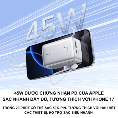 Sạc dự phòng Anker A1638 10000mAh Nhỏ Gọn, Có Dây Kéo 70cm, Hỗ Trợ PPS 2.0 PD, QC 45W - Sạc dự phòng Anker A1638 10000mAh là người bạn đồng hành lý tưởng cho cuộc sống hiện đại, kết hợp hoàn hảo giữa dung lượng vừa đủ và thiết kế siêu tiện lợi. Với dây sạc thò thụt dài 70cm tích hợp, bạn sẽ không bao giờ phải lo lắng về việc mang theo cáp sạc rời. Hỗ trợ công nghệ sạc nhanh PD 45W và PPS 2.0, Anker A1638 đảm bảo các thiết bị của bạn, từ điện thoại đến laptop nhỏ, được nạp đầy năng lượng trong thời gian kỷ lục. Nhỏ gọn, mạnh mẽ và thông minh, Anker A1638 là giải pháp năng lượng di động tối ưu dành cho bạn.