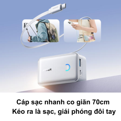Sạc dự phòng Anker A1638 10000mAh Nhỏ Gọn, Có Dây Kéo 70cm, Hỗ Trợ PPS 2.0 PD, QC 45W - Sạc dự phòng Anker A1638 10000mAh là người bạn đồng hành lý tưởng cho cuộc sống hiện đại, kết hợp hoàn hảo giữa dung lượng vừa đủ và thiết kế siêu tiện lợi. Với dây sạc thò thụt dài 70cm tích hợp, bạn sẽ không bao giờ phải lo lắng về việc mang theo cáp sạc rời. Hỗ trợ công nghệ sạc nhanh PD 45W và PPS 2.0, Anker A1638 đảm bảo các thiết bị của bạn, từ điện thoại đến laptop nhỏ, được nạp đầy năng lượng trong thời gian kỷ lục. Nhỏ gọn, mạnh mẽ và thông minh, Anker A1638 là giải pháp năng lượng di động tối ưu dành cho bạn.