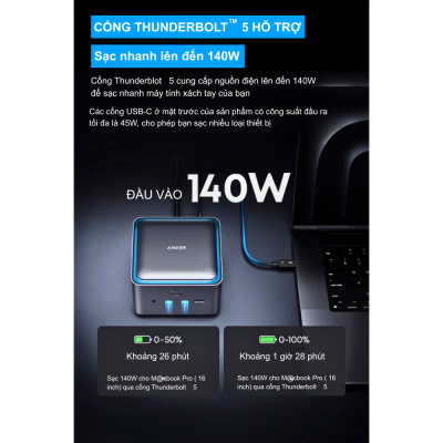 Đế sạc Anker Prime Thunderbolt-5 - Trạm Kết Nối Toàn Diện, Nguồn Năng Lượng Đỉnh Cao - Khám phá hiệu suất làm việc đỉnh cao với <strong>Đế sạc Anker Prime Thunderbolt-5</strong>. Đây không chỉ là một đế sạc, mà là một trạm kết nối đa năng mạnh mẽ, tích hợp công nghệ Thunderbolt-5 tiên tiến nhất, mang đến tốc độ truyền dữ liệu siêu nhanh, khả năng hỗ trợ đa màn hình 8K và công suất sạc cực lớn lên đến 240W cho laptop. Với hàng loạt cổng kết nối đa dạng, <strong>Anker Prime Thunderbolt-5</strong> biến chiếc laptop của bạn thành một trung tâm làm việc chuyên nghiệp, tối ưu hóa mọi tác vụ từ chỉnh sửa video 4K, chơi game đến quản lý dữ liệu. Nâng tầm không gian làm việc của bạn với <strong>Anker Prime Thunderbolt-5</strong> để đạt hiệu quả tối đa.