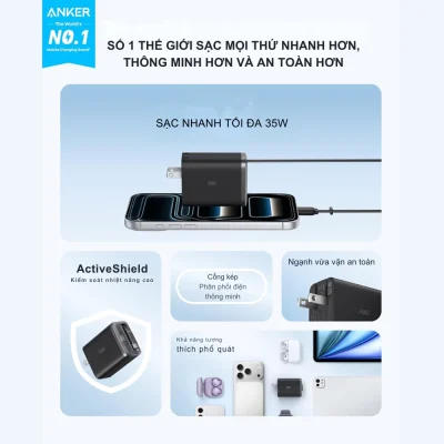 Bộ sạc Anker USB-C 35W - A2658: Sạc Nhanh Đa Năng Cho Mọi Thiết Bị USB-C Của Bạn