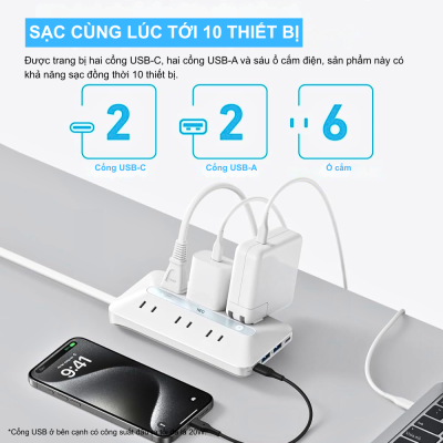 Ổ cắm điện USB Anker 20W 10in1 - A91F2: Trạm Sạc Đa Năng, Bảo Vệ Toàn Diện Cho Mọi Thiết Bị - Đơn giản hóa không gian làm việc và sạc của bạn với <strong>Ổ cắm điện USB Anker 20W 10in1 - A91F2</strong>. Thiết bị này tích hợp 10 cổng sạc và ổ cắm trong một thiết kế nhỏ gọn, bao gồm các cổng AC, USB-A và USB-C với công suất tổng 20W, đảm bảo mọi thiết bị của bạn luôn được cấp nguồn đầy đủ và nhanh chóng. Với công nghệ PowerIQ của Anker và hệ thống an toàn MultiProtect, <strong>USB Anker 10in1 A91F2</strong> không chỉ sạc hiệu quả mà còn bảo vệ thiết bị của bạn khỏi quá tải, quá nhiệt. Đây là giải pháp lý tưởng cho gia đình, văn phòng hoặc khi bạn cần một trung tâm năng lượng đa năng, an toàn, giúp mọi thứ gọn gàng và tiện lợi.