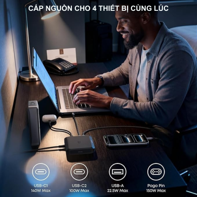 Đế Sạc Nhanh Anker 2C1A 150W Cho Pin Dự Phòng Prime – Anker A1903 Chính Hãng Đế Sạc Nhanh Anker 2C1A 150W Cho Pin Dự Phòng Prime – Anker A1903 Chính Hãng - Nâng tầm trải nghiệm sạc không dây cho pin dự phòng với <strong>Anker A1903</strong>, giải pháp năng lượng "một chạm" đỉnh cao dành cho hệ sinh thái Anker Prime. Với tổng công suất đầu ra ấn tượng lên đến 150W, <strong>Anker A1903</strong> không chỉ là đế sạc tiếp điểm (Pogo pin) giúp nạp đầy lại pin dự phòng trong chớp mắt mà còn hoạt động như một củ sạc bàn đa năng với 2 cổng USB-C và 1 cổng USB-A. Thiết kế nhỏ gọn, tinh tế của <strong>Anker A1903</strong> giúp tối ưu hóa không gian làm việc, loại bỏ sự rườm rà của dây cáp. Được trang bị công nghệ GaN tiên tiến và hệ thống an toàn đa lớp, đây là phụ kiện không thể thiếu để duy trì năng lượng cho cả Laptop, điện thoại và pin dự phòng của bạn mọi lúc mọi nơi.