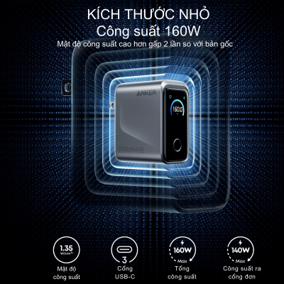 Củ Sạc Nhanh Anker Prime 160W 3 Cổng USB-C – Anker Prime A2687 GaN Chính Hãng Củ Sạc Nhanh Anker Prime 160W 3 Cổng USB-C – Anker Prime A2687 GaN Chính Hãng - Trải nghiệm tốc độ sạc vượt giới hạn với <strong>Anker Prime A2687</strong>, củ sạc tường thế hệ mới sở hữu tổng công suất lên đến 160W. Được thiết kế dành cho người dùng chuyên nghiệp, <strong>Anker Prime A2687</strong> trang bị 3 cổng USB-C, cho phép sạc nhanh đồng thời máy tính xách tay, máy tính bảng và điện thoại thông minh. Ứng dụng công nghệ GaNPrime™ độc quyền và hệ thống an toàn ActiveShield™ 2.0, sản phẩm không chỉ nhỏ gọn hơn 50% so với bộ sạc truyền thống mà còn đảm bảo an toàn tuyệt đối. Với khả năng sạc MacBook Pro 16 inch lên 50% chỉ trong 28 phút, <strong>Anker Prime A2687</strong> chính là giải pháp năng lượng tối thượng cho mọi hành trình của bạn.