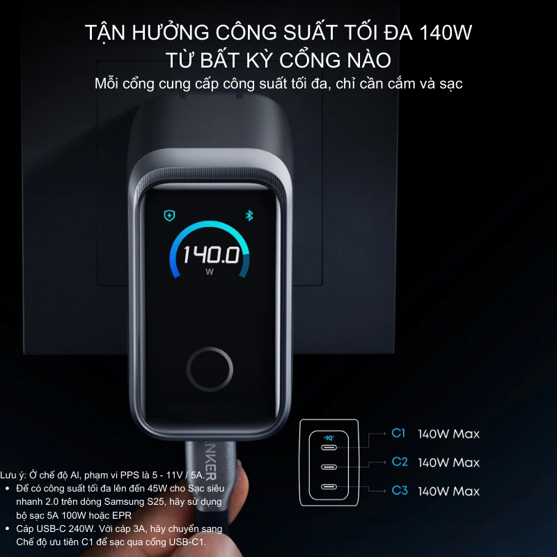 Củ Sạc Nhanh Anker Prime 160W 3 Cổng USB-C – Anker Prime A2687 GaN Chính Hãng Củ Sạc Nhanh Anker Prime 160W 3 Cổng USB-C – Anker Prime A2687 GaN Chính Hãng - Hình ảnh 4