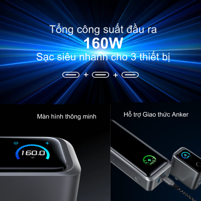 Củ Sạc Nhanh Anker Prime 160W 3 Cổng USB-C – Anker Prime A2687 GaN Chính Hãng Củ Sạc Nhanh Anker Prime 160W 3 Cổng USB-C – Anker Prime A2687 GaN Chính Hãng - Trải nghiệm tốc độ sạc vượt giới hạn với <strong>Anker Prime A2687</strong>, củ sạc tường thế hệ mới sở hữu tổng công suất lên đến 160W. Được thiết kế dành cho người dùng chuyên nghiệp, <strong>Anker Prime A2687</strong> trang bị 3 cổng USB-C, cho phép sạc nhanh đồng thời máy tính xách tay, máy tính bảng và điện thoại thông minh. Ứng dụng công nghệ GaNPrime™ độc quyền và hệ thống an toàn ActiveShield™ 2.0, sản phẩm không chỉ nhỏ gọn hơn 50% so với bộ sạc truyền thống mà còn đảm bảo an toàn tuyệt đối. Với khả năng sạc MacBook Pro 16 inch lên 50% chỉ trong 28 phút, <strong>Anker Prime A2687</strong> chính là giải pháp năng lượng tối thượng cho mọi hành trình của bạn.