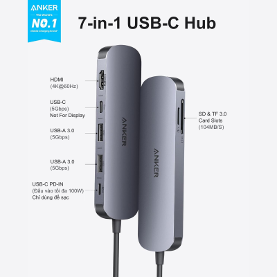Anker USB C Hub 7in1 A83D2 – Mở rộng kết nối đa năng cho laptop Anker USB C Hub 7in1 A83D2 – Mở rộng kết nối đa năng cho laptop - Biến một cổng USB-C duy nhất trên laptop của bạn thành một trung tâm kết nối đa năng với <strong>Anker USB C Hub</strong> 7in1 A83D2. Cung cấp 7 cổng thiết yếu, bao gồm 2 cổng USB-A (5Gbps), 1 cổng USB-C PD (100W), 1 cổng HDMI (4K@60Hz), và khe cắm thẻ nhớ SD/microSD, chiếc hub này đáp ứng mọi nhu cầu làm việc và giải trí của bạn. Nhỏ gọn, mạnh mẽ và tương thích rộng rãi, <strong>Anker USB C Hub</strong> 7in1 A83D2 giúp tối ưu hóa hiệu suất làm việc mọi lúc mọi nơi. Nâng cấp khả năng kết nối của laptop ngay hôm nay với <strong>Anker USB C Hub</strong> A83D2!