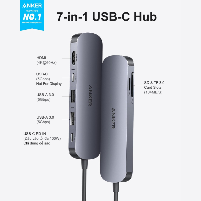 Anker USB C Hub 7in1 A83D2 – Mở rộng kết nối đa năng cho laptop Anker USB C Hub 7in1 A83D2 – Mở rộng kết nối đa năng cho laptop - Hình ảnh 2