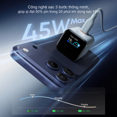 Sạc Nhanh Anker 45W Smart GaN - A121D | Màn Hình LED Hiển Thị Công Suất, ActiveShield 3.0, Chân Gập Linh Hoạt Sạc Nhanh Anker 45W Smart GaN - A121D | Màn Hình LED Hiển Thị Công Suất, ActiveShield 3.0, Chân Gập Linh Hoạt - Sạc nhanh <strong>Anker A121D</strong> là giải pháp năng lượng hoàn hảo cho các thiết bị di động hiện đại. Với công suất lên đến 45W và công nghệ Smart GaN tiên tiến, <strong>Anker A121D</strong> không chỉ mang lại tốc độ sạc vượt trội mà còn đảm bảo an toàn tối đa cho thiết bị của bạn. Thiết kế siêu nhỏ gọn, nhỏ hơn 30% so với các dòng sạc thông thường, giúp <strong>Anker A121D</strong> dễ dàng đồng hành cùng bạn trong mọi chuyến đi. Sản phẩm hỗ trợ chuẩn sạc nhanh PD (Power Delivery) và PPS, tương thích hoàn hảo với iPhone, Samsung S23/S24 series, iPad và các dòng laptop văn phòng sử dụng cổng Type-C. Đừng bỏ lỡ cơ hội sở hữu <strong>Anker A121D</strong> để trải nghiệm sự tiện lợi và mạnh mẽ trong một thiết bị nhỏ bé nhưng đầy uy lực.