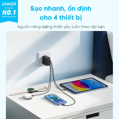 Củ Sạc Nhanh Anker Zolo A121E 50W 4 Cổng (2 USB-C, 2 USB-A) – Công Nghệ GaN Siêu Nhỏ Gọn, An Toàn Tuyệt Đối Củ Sạc Nhanh Anker Zolo A121E 50W 4 Cổng (2 USB-C, 2 USB-A) – Công Nghệ GaN Siêu Nhỏ Gọn, An Toàn Tuyệt Đối - <strong>Anker Zolo A121E</strong> là giải pháp sạc tất cả trong một hoàn hảo cho những người dùng sở hữu nhiều thiết bị công nghệ. Với tổng công suất lên đến 50W và thiết kế 4 cổng sạc linh hoạt (bao gồm 2 cổng USB-C và 2 cổng USB-A), <strong>Anker Zolo A121E</strong> cho phép bạn nạp năng lượng đồng thời cho iPhone, iPad, Android và các phụ kiện khác một cách nhanh chóng. Sản phẩm ứng dụng công nghệ vật liệu GaN tiên tiến giúp thu nhỏ kích thước tối đa mà vẫn duy trì hiệu suất chuyển đổi năng lượng cực cao. Dù bạn đang ở văn phòng, tại nhà hay đang đi du lịch, củ sạc <strong>Anker Zolo A121E</strong> luôn đảm bảo sự gọn gàng và ổn định. Hệ thống an toàn ActiveShield được tích hợp giúp bảo vệ thiết bị khỏi quá nhiệt và quá dòng, mang lại sự an tâm tuyệt đối trong suốt quá trình sử dụng.