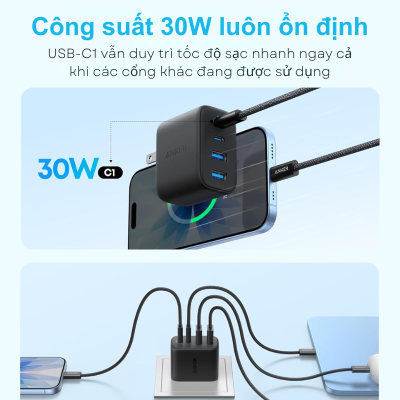 Củ Sạc Nhanh Anker Zolo A121E 50W 4 Cổng (2 USB-C, 2 USB-A) – Công Nghệ GaN Siêu Nhỏ Gọn, An Toàn Tuyệt Đối Củ Sạc Nhanh Anker Zolo A121E 50W 4 Cổng (2 USB-C, 2 USB-A) – Công Nghệ GaN Siêu Nhỏ Gọn, An Toàn Tuyệt Đối - <strong>Anker Zolo A121E</strong> là giải pháp sạc tất cả trong một hoàn hảo cho những người dùng sở hữu nhiều thiết bị công nghệ. Với tổng công suất lên đến 50W và thiết kế 4 cổng sạc linh hoạt (bao gồm 2 cổng USB-C và 2 cổng USB-A), <strong>Anker Zolo A121E</strong> cho phép bạn nạp năng lượng đồng thời cho iPhone, iPad, Android và các phụ kiện khác một cách nhanh chóng. Sản phẩm ứng dụng công nghệ vật liệu GaN tiên tiến giúp thu nhỏ kích thước tối đa mà vẫn duy trì hiệu suất chuyển đổi năng lượng cực cao. Dù bạn đang ở văn phòng, tại nhà hay đang đi du lịch, củ sạc <strong>Anker Zolo A121E</strong> luôn đảm bảo sự gọn gàng và ổn định. Hệ thống an toàn ActiveShield được tích hợp giúp bảo vệ thiết bị khỏi quá nhiệt và quá dòng, mang lại sự an tâm tuyệt đối trong suốt quá trình sử dụng.