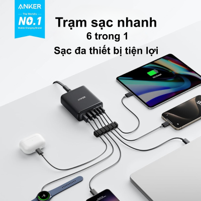 Bộ Sạc Anker 112W 6 Cổng (A2154) - Sạc Nhanh USB-C; USB-A, Chân Cắm 3 Chấu SG - Hàng Chính Hãng - <strong>Bộ sạc Anker</strong> 112W 6 Cổng (Mã A2154) là giải pháp cung cấp năng lượng toàn diện cho mọi tín đồ công nghệ. Với tổng công suất mạnh mẽ lên đến 112W, thiết bị này cho phép bạn sạc đồng thời 6 thiết bị từ điện thoại, máy tính bảng cho đến các dòng laptop văn phòng một cách nhanh chóng và an toàn nhất. Được trang bị chân cắm 3 chấu chuẩn SG (Singapore) vô cùng chắc chắn, sản phẩm đảm bảo sự ổn định tuyệt đối khi kết nối với nguồn điện tại Việt Nam. Sự kết hợp giữa các cổng USB-C và USB-A cùng công nghệ sạc thông minh giúp <strong>Bộ sạc Anker</strong> trở thành phụ kiện không thể thiếu trên bàn làm việc, giúp không gian của bạn trở nên gọn gàng, chuyên nghiệp và luôn tràn đầy năng lượng.