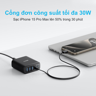 Bộ Sạc Anker 112W 6 Cổng (A2154) - Sạc Nhanh USB-C; USB-A, Chân Cắm 3 Chấu SG - Hàng Chính Hãng - <strong>Bộ sạc Anker</strong> 112W 6 Cổng (Mã A2154) là giải pháp cung cấp năng lượng toàn diện cho mọi tín đồ công nghệ. Với tổng công suất mạnh mẽ lên đến 112W, thiết bị này cho phép bạn sạc đồng thời 6 thiết bị từ điện thoại, máy tính bảng cho đến các dòng laptop văn phòng một cách nhanh chóng và an toàn nhất. Được trang bị chân cắm 3 chấu chuẩn SG (Singapore) vô cùng chắc chắn, sản phẩm đảm bảo sự ổn định tuyệt đối khi kết nối với nguồn điện tại Việt Nam. Sự kết hợp giữa các cổng USB-C và USB-A cùng công nghệ sạc thông minh giúp <strong>Bộ sạc Anker</strong> trở thành phụ kiện không thể thiếu trên bàn làm việc, giúp không gian của bạn trở nên gọn gàng, chuyên nghiệp và luôn tràn đầy năng lượng.