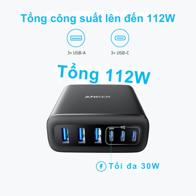 Bộ Sạc Anker 112W 6 Cổng (A2154) - Sạc Nhanh USB-C; USB-A, Chân Cắm 3 Chấu SG - Hàng Chính Hãng Bộ Sạc Anker 112W 6 Cổng (A2154) - Sạc Nhanh USB-C; USB-A, Chân Cắm 3 Chấu SG - Hàng Chính Hãng - <strong>Bộ sạc Anker</strong> 112W 6 Cổng (Mã A2154) là giải pháp cung cấp năng lượng toàn diện cho mọi tín đồ công nghệ. Với tổng công suất mạnh mẽ lên đến 112W, thiết bị này cho phép bạn sạc đồng thời 6 thiết bị từ điện thoại, máy tính bảng cho đến các dòng laptop văn phòng một cách nhanh chóng và an toàn nhất. Được trang bị chân cắm 3 chấu chuẩn SG (Singapore) vô cùng chắc chắn, sản phẩm đảm bảo sự ổn định tuyệt đối khi kết nối với nguồn điện tại Việt Nam. Sự kết hợp giữa các cổng USB-C và USB-A cùng công nghệ sạc thông minh giúp <strong>Bộ sạc Anker</strong> trở thành phụ kiện không thể thiếu trên bàn làm việc, giúp không gian của bạn trở nên gọn gàng, chuyên nghiệp và luôn tràn đầy năng lượng.
