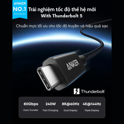 Cáp Thunderbolt 5 Anker A84N1 240W 80Gbps – Hỗ Trợ Xuất Hình 8K, Truyền Dữ Liệu Siêu Tốc, Dài 1m - <strong>Anker A84N1</strong> là thế hệ cáp kết nối tiên tiến nhất hiện nay, mang chuẩn công nghệ Thunderbolt 5 đột phá đến gần hơn với người dùng chuyên nghiệp. Với khả năng truyền tải dữ liệu kinh ngạc lên đến 80Gbps (và có thể lên tới 120Gbps với Bandwidth Boost), <strong>Anker A84N1</strong> giúp bạn di chuyển các tệp tin dung lượng lớn chỉ trong vài giây. Không dừng lại ở đó, sợi cáp này còn hỗ trợ công suất sạc tối đa lên tới 240W, đủ sức cung cấp năng lượng cho những chiếc laptop gaming hay workstation mạnh mẽ nhất hiện nay. Với chiều dài 1m lý tưởng, <strong>Anker A84N1</strong> đảm bảo sự gọn gàng cho không gian làm việc trong khi vẫn duy trì hiệu suất xuất hình ảnh vượt trội ở độ phân giải 8K hoặc thiết lập đa màn hình. Đây chính là giải pháp "tất cả trong một" hoàn hảo cho hệ sinh thái công nghệ của bạn.
