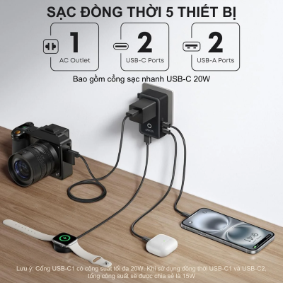 Bộ chuyển đổi du lịch Anker Nano (5-trong-1, 20W) - A9215 | Sạc nhanh | Nhỏ gọn cho mọi hành trình - <strong>Bộ chuyển đổi du lịch Anker Nano (5-trong-1, 20W) - A9215</strong> là giải pháp năng lượng hoàn hảo cho những người thường xuyên di chuyển. Với thiết kế siêu nhỏ gọn nhưng tích hợp tới 5 cổng kết nối, bao gồm 1 ổ cắm AC, 2 cổng USB-C và 2 cổng USB-A, sản phẩm giúp bạn sạc đồng thời nhiều thiết bị một cách dễ dàng. Đặc biệt, cổng USB-C hỗ trợ sạc nhanh PD 20W, giúp nạp đầy năng lượng cho iPhone và các điện thoại thông minh khác trong thời gian ngắn nhất. <strong>A9215</strong> không chỉ tiện lợi mà còn cực kỳ an toàn nhờ hệ thống bảo vệ ActiveShield độc quyền của Anker. Nếu bạn đang tìm kiếm một thiết bị sạc đa năng, bền bỉ và chuẩn SEO cho hành lý của mình, thì <strong>A9215</strong> chính là lựa chọn không thể bỏ qua.