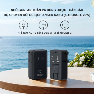 Bộ chuyển đổi du lịch Anker Nano (5-trong-1, 20W) - A9215 | Sạc nhanh | Nhỏ gọn cho mọi hành trình - <strong>Bộ chuyển đổi du lịch Anker Nano (5-trong-1, 20W) - A9215</strong> là giải pháp năng lượng hoàn hảo cho những người thường xuyên di chuyển. Với thiết kế siêu nhỏ gọn nhưng tích hợp tới 5 cổng kết nối, bao gồm 1 ổ cắm AC, 2 cổng USB-C và 2 cổng USB-A, sản phẩm giúp bạn sạc đồng thời nhiều thiết bị một cách dễ dàng. Đặc biệt, cổng USB-C hỗ trợ sạc nhanh PD 20W, giúp nạp đầy năng lượng cho iPhone và các điện thoại thông minh khác trong thời gian ngắn nhất. <strong>A9215</strong> không chỉ tiện lợi mà còn cực kỳ an toàn nhờ hệ thống bảo vệ ActiveShield độc quyền của Anker. Nếu bạn đang tìm kiếm một thiết bị sạc đa năng, bền bỉ và chuẩn SEO cho hành lý của mình, thì <strong>A9215</strong> chính là lựa chọn không thể bỏ qua.