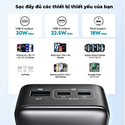 Pin Dự Phòng Anker A110J Zolo 2C1A 10000mAh 30W - Sạc Nhanh PD, Thiết Kế Nhỏ Gọn, 3 Cổng Sạc Tiện Lợi Pin Dự Phòng Anker A110J Zolo 2C1A 10000mAh 30W - Sạc Nhanh PD, Thiết Kế Nhỏ Gọn, 3 Cổng Sạc Tiện Lợi - <strong>Pin Dự Phòng Anker Zolo 2C1A 10000 30W - Anker A110J</strong> là giải pháp năng lượng di động thế hệ mới, kết hợp hoàn hảo giữa sức mạnh và sự tiện lợi. Với dung lượng 10.000mAh chuẩn 37Wh, mẫu <strong>Anker A110J</strong> này cho phép bạn sạc nhanh tối đa 30W cho các dòng iPhone, iPad và smartphone Android thông qua cổng USB-C hiện đại. Điểm vượt trội của sản phẩm nằm ở thiết kế 3 cổng sạc (2C1A), giúp nạp năng lượng đồng thời cho nhiều thiết bị mà vẫn đảm bảo an toàn tuyệt đối. Khả năng sạc đầu vào 30W giúp tái nạp đầy pin dự phòng một cách thần tốc. Với kích thước nhỏ gọn và trọng lượng 275g chắc chắn, <strong>Anker A110J</strong> là phụ kiện không thể thiếu cho những người thường xuyên di chuyển, đảm bảo thiết bị luôn đầy pin suốt ngày dài.