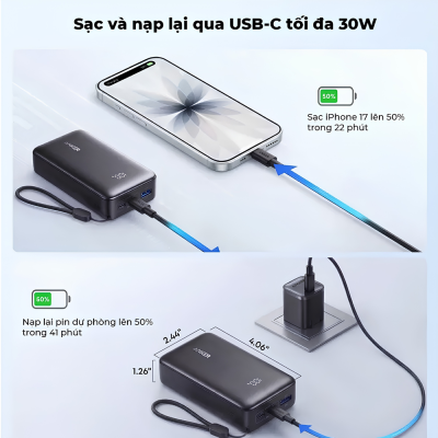 Pin Dự Phòng Anker A110J Zolo 2C1A 10000mAh 30W - Sạc Nhanh PD, Thiết Kế Nhỏ Gọn, 3 Cổng Sạc Tiện Lợi Pin Dự Phòng Anker A110J Zolo 2C1A 10000mAh 30W - Sạc Nhanh PD, Thiết Kế Nhỏ Gọn, 3 Cổng Sạc Tiện Lợi - <strong>Pin Dự Phòng Anker Zolo 2C1A 10000 30W - Anker A110J</strong> là giải pháp năng lượng di động thế hệ mới, kết hợp hoàn hảo giữa sức mạnh và sự tiện lợi. Với dung lượng 10.000mAh chuẩn 37Wh, mẫu <strong>Anker A110J</strong> này cho phép bạn sạc nhanh tối đa 30W cho các dòng iPhone, iPad và smartphone Android thông qua cổng USB-C hiện đại. Điểm vượt trội của sản phẩm nằm ở thiết kế 3 cổng sạc (2C1A), giúp nạp năng lượng đồng thời cho nhiều thiết bị mà vẫn đảm bảo an toàn tuyệt đối. Khả năng sạc đầu vào 30W giúp tái nạp đầy pin dự phòng một cách thần tốc. Với kích thước nhỏ gọn và trọng lượng 275g chắc chắn, <strong>Anker A110J</strong> là phụ kiện không thể thiếu cho những người thường xuyên di chuyển, đảm bảo thiết bị luôn đầy pin suốt ngày dài.