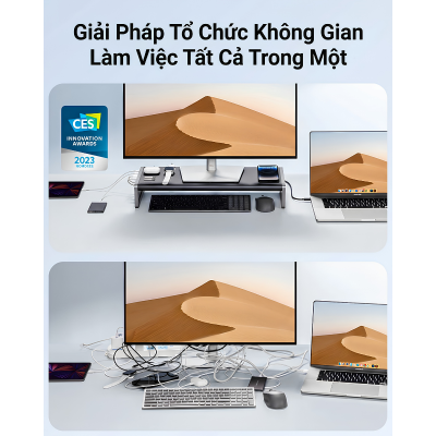 Chân Đế Màn Hình Kiêm Trạm Sạc 12-in-1 Anker A8377 - Sạc PD 100W, Sạc Không Dây Qi, Xuất Hình 4K@60Hz - Hàng Chính Hãng - <strong>Anker A8377</strong> là giải pháp "tất cả trong một" tối thượng giúp nâng tầm không gian làm việc và tối ưu hóa tư thế ngồi của bạn. Với thiết kế chân đế màn hình chịu lực lên đến 10kg, <strong>Anker A8377</strong> tích hợp trạm sạc 12 trong 1 cực kỳ mạnh mẽ. Sản phẩm hỗ trợ cổng USB-C Upstream với công suất sạc PD lên tới 100W cho máy tính, đi kèm đế sạc không dây chuẩn Qi 10W tiện lợi ở mặt trên. Không chỉ dừng lại ở việc cung cấp năng lượng, <strong>Anker A8377</strong> còn mở rộng khả năng kết nối với cổng HDMI 4K@60Hz, mạng Ethernet Gigabit, khe đọc thẻ nhớ SD/microSD và các cổng USB tốc độ 10Gbps. Thiết kế thông minh của <strong>Anker A8377</strong> cho phép cất gọn bàn phím và chuột bên dưới, giúp bàn làm việc luôn ngăn nắp và chuyên nghiệp.