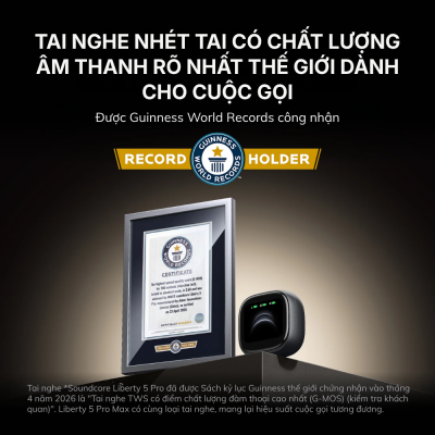 Tai Nghe Bluetooth Soundcore Liberty 5 Pro Max - D1204 Chống Ồn Chủ Động, Âm Thanh Hi-Res, Dịch Thuật AI Thông Minh Tai Nghe Bluetooth Soundcore Liberty 5 Pro Max - D1204 Chống Ồn Chủ Động, Âm Thanh Hi-Res, Dịch Thuật AI Thông Minh - <strong>Soundcore Liberty 5 Pro Max</strong> là mẫu tai nghe True Wireless đột phá nhất hiện nay, được thiết kế không chỉ để nghe nhạc mà còn là một trợ lý ngôn ngữ đắc lực. Điểm nhấn nổi bật nhất của <strong>Soundcore Liberty 5 Pro Max</strong> chính là khả năng phiên dịch thuật AI thời gian thực, hỗ trợ lên đến hơn 40 ngôn ngữ khác nhau, giúp bạn tự tin giao tiếp toàn cầu. Sản phẩm sở hữu chất lượng âm thanh Hi-Res đỉnh cao với màng loa Wool-Paper 9.2mm và công nghệ Dolby Atmos sống động. Hệ thống chống ồn chủ động Adaptive ANC 4.0 trên <strong>Soundcore Liberty 5 Pro Max</strong> giúp loại bỏ tạp âm thông minh, mang lại không gian tĩnh lặng tuyệt đối. Với thiết kế hộp sạc màn hình AMOLED cảm ứng, thời lượng pin lên đến 50 giờ và chuẩn kháng nước IP55, <strong>Soundcore Liberty 5 Pro Max</strong> chính là sự lựa chọn hoàn hảo cho những tín đồ công nghệ và người thường xuyên di chuyển.